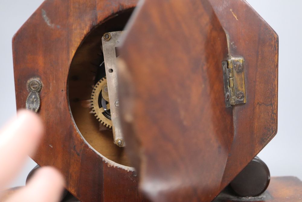 A Regency style mahogany mantel timepiece, with brass and mother of pearl inlay, height 34cm